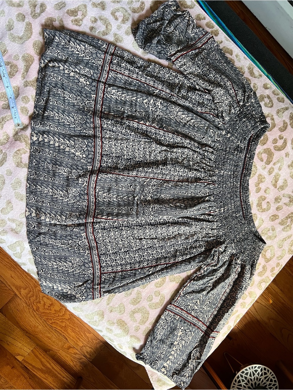Boho Smocked Off-Shoulder Peasant Blouse - Navy & Cream